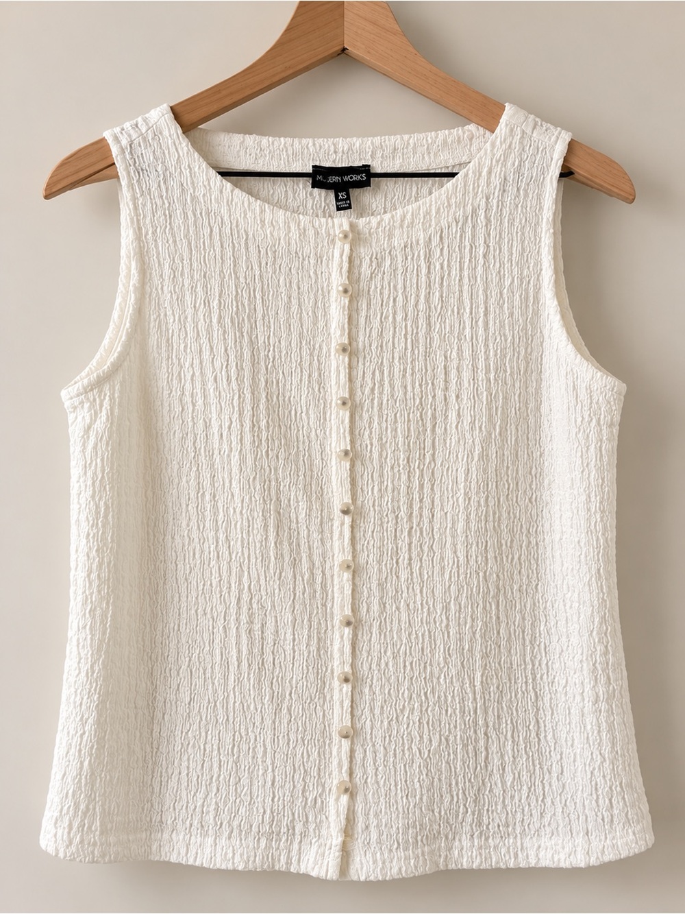 Modern Works White Textured Pearl Button Sleeveless Top